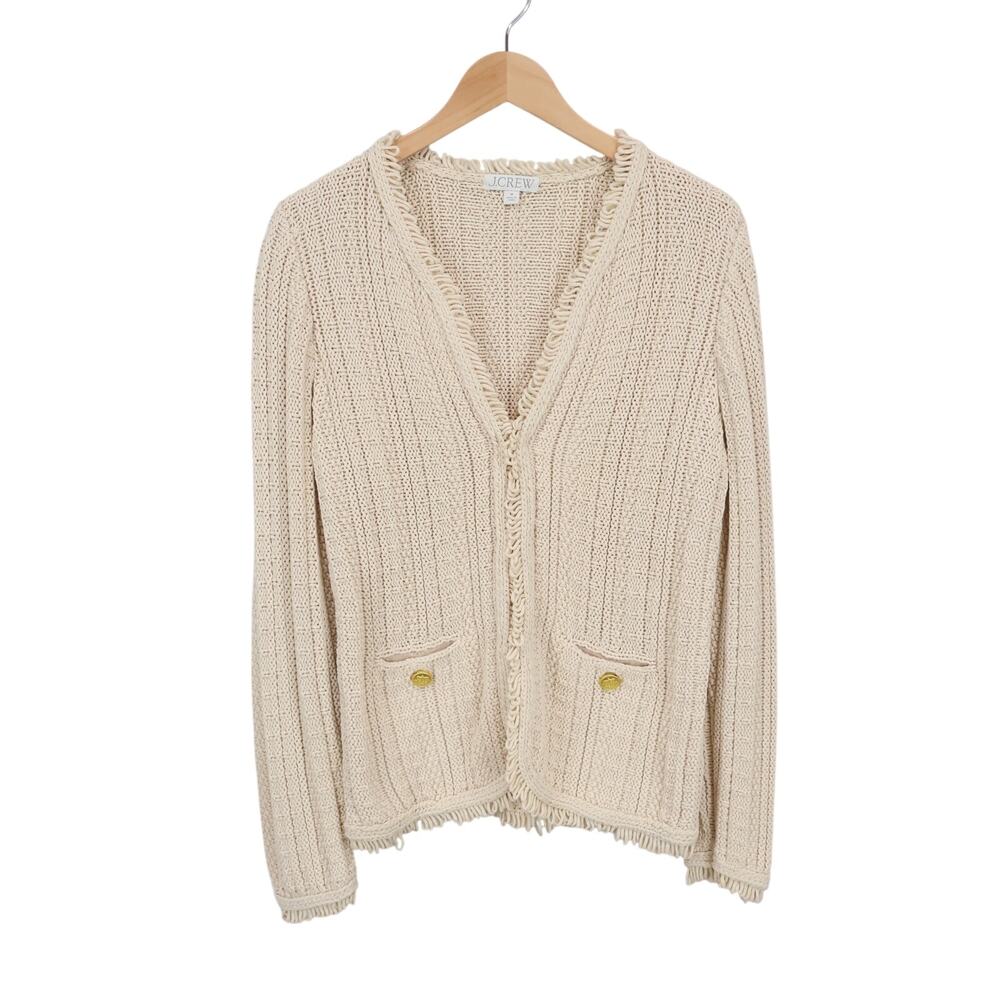 J.Crew Textured Cable-Knit Wool-Blend Lady Jacket With Fringe Bone Cream Medium - Picture 2 of 8